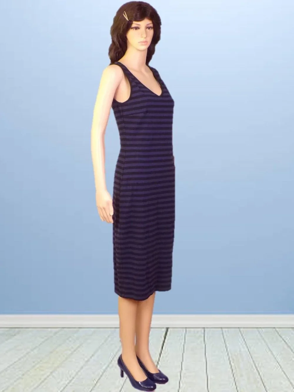 OLD NAVY size S navy-blue/black horizontal stripes sleeveless midi sheath dress